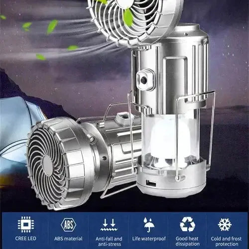 LED-Campinglaterne mit Ventilator | 6-in-1 Lampe, Taschenlampe & Powerbank | Solar & Akku, tragbar, IP44 wasserabweisend