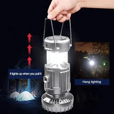 LED-Campinglaterne mit Ventilator | 6-in-1 Lampe, Taschenlampe & Powerbank | Solar & Akku, tragbar, IP44 wasserabweisend