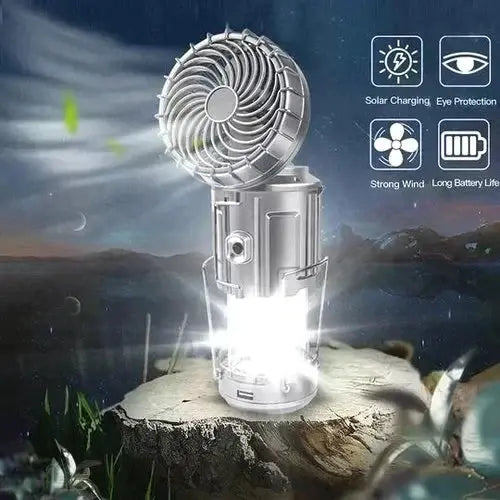 LED-Campinglaterne mit Ventilator | 6-in-1 Lampe, Taschenlampe & Powerbank | Solar & Akku, tragbar, IP44 wasserabweisend