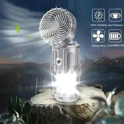 LED-Campinglaterne mit Ventilator | 6-in-1 Lampe, Taschenlampe & Powerbank | Solar & Akku, tragbar, IP44 wasserabweisend