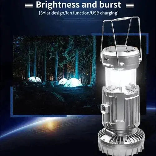 LED-Campinglaterne mit Ventilator | 6-in-1 Lampe, Taschenlampe & Powerbank | Solar & Akku, tragbar, IP44 wasserabweisend