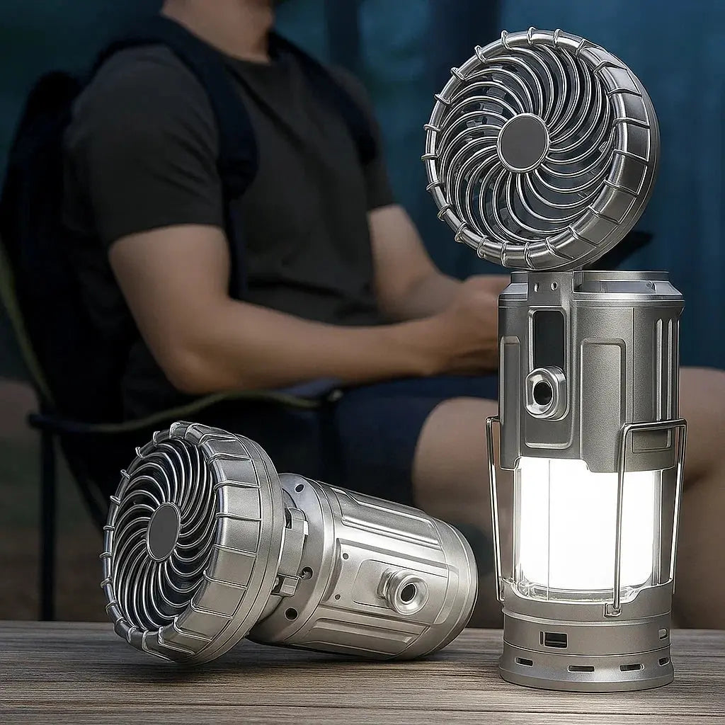 LED-Campinglaterne mit Ventilator | 6-in-1 Lampe, Taschenlampe & Powerbank | Solar & Akku, tragbar, IP44 wasserabweisend