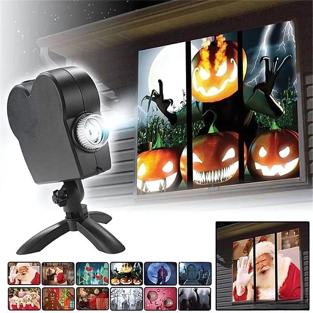 Halloween Projektor mit Leinwand & Stativ | Holografische 3D-Videos | LED wetterfest | Für Halloween & Weihnachten