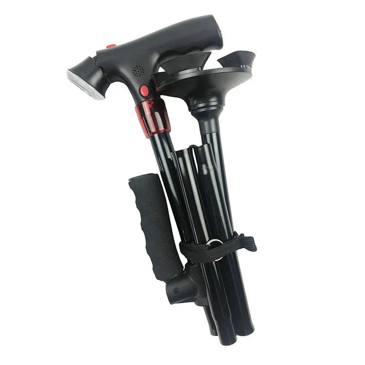 Faltbarer Gehstock mit LED-Licht & Alarm | Höhenverstellbar & Rutschfest | Leichter Aluminium Gehstock für Senioren