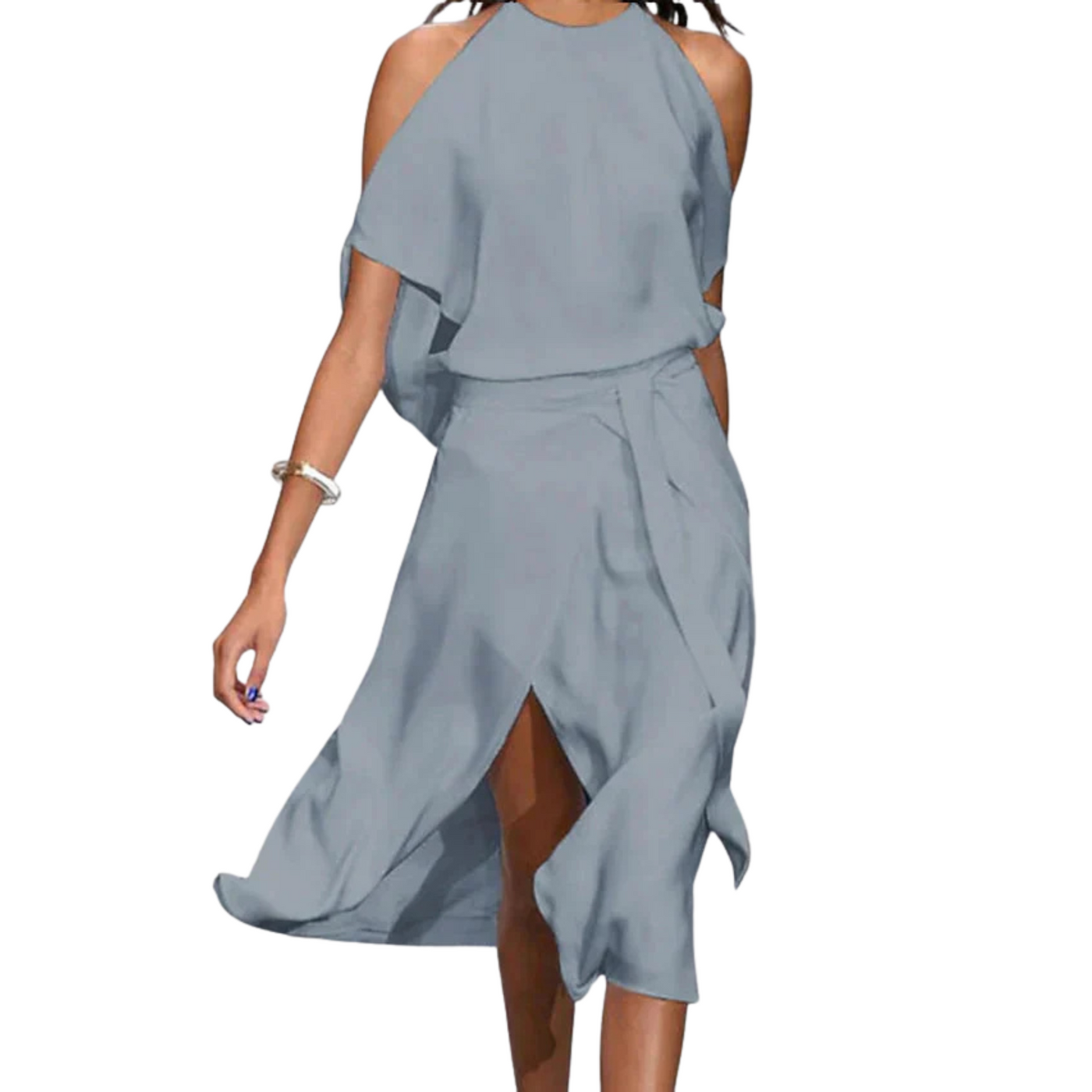 Damen Midikleid | Asymmetrischer Schnitt | Schulterfrei | Haltertop