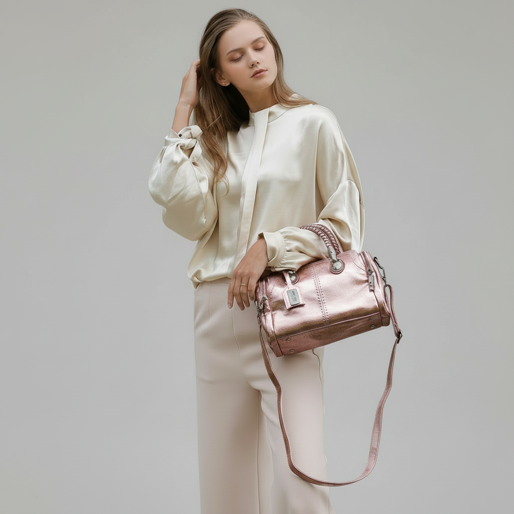 Damen Handtasche | Retro Leder Tasche aus Rindsleder | Schulterriemen & Doppelgriff | Große Kapazität