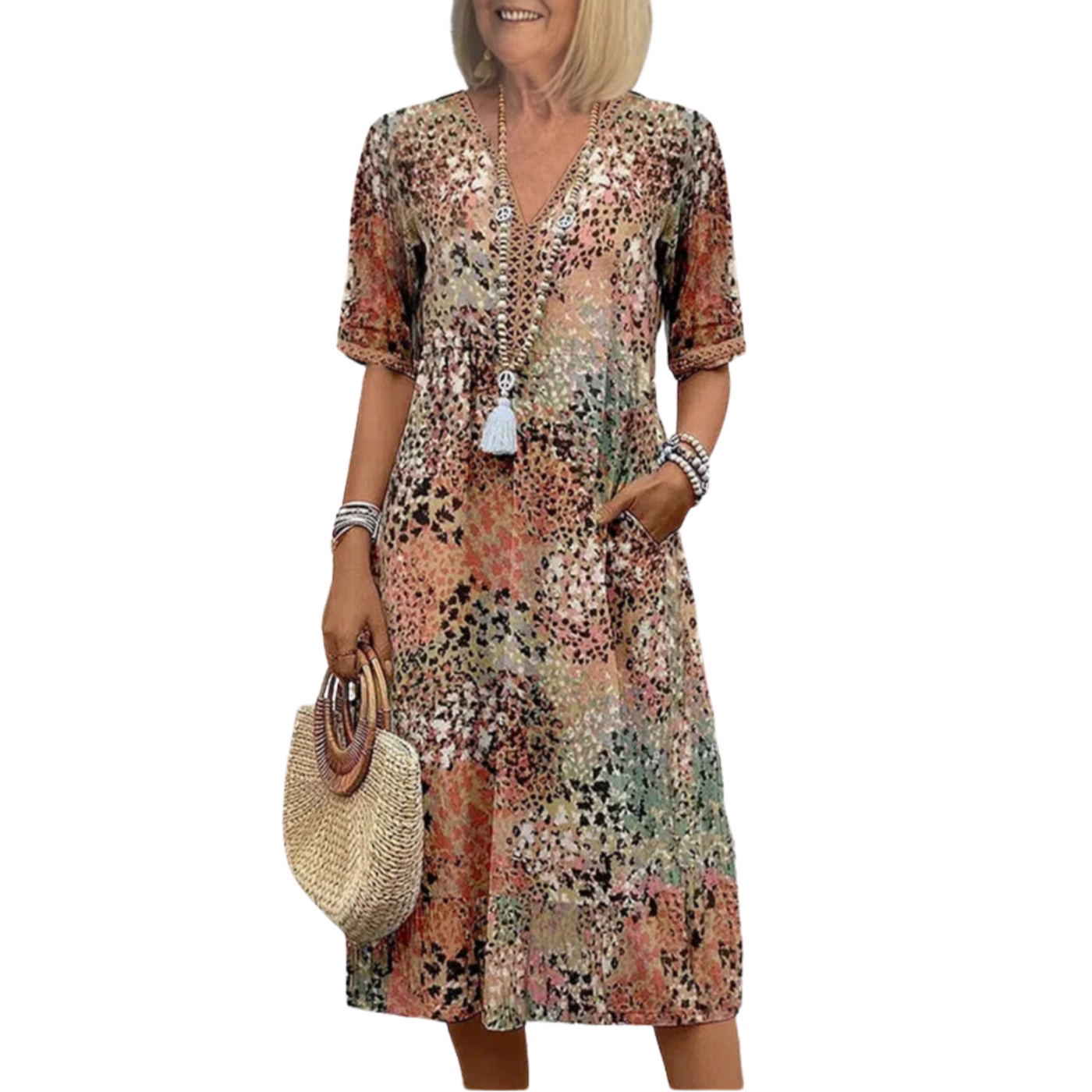 Damen Leinen Baumwolle Kleid | Midi-Länge | V-Ausschnitt & lebendige Prints | Bequem & Elegant