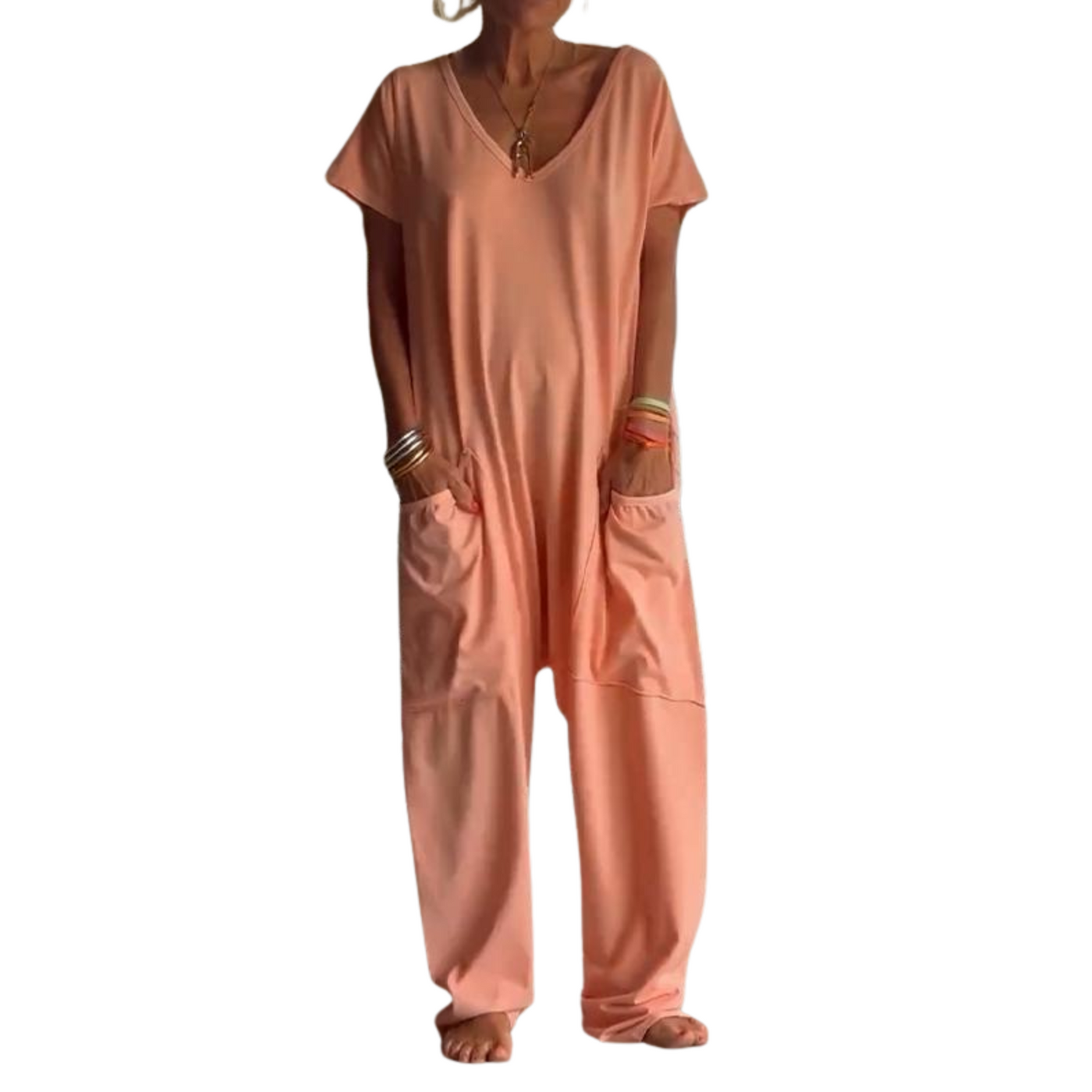 Damen Jumpsuit | V-Ausschnitt | Kurzarm | Sommerlich & Bequem