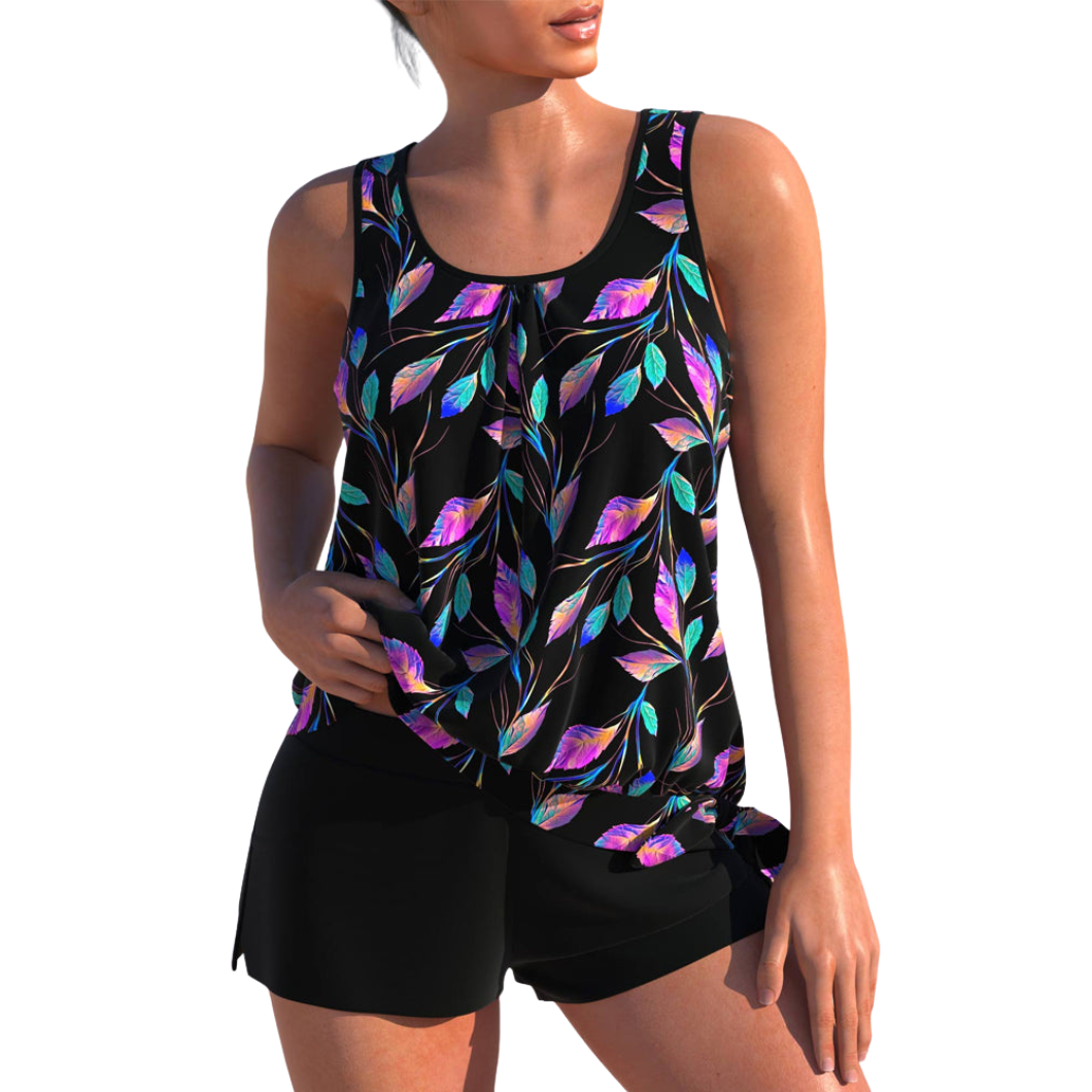 Damen Tankini | Zweiteiliger Badeanzug mit Shorts | Blattmuster | Bequemer & Schnelltrocknender Sommerbikini