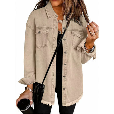 Damen Jeansjacke im Straßenstil | Design mit rohem, aufgerissenem Rand | Mehrere Taschen | Baumwollmix