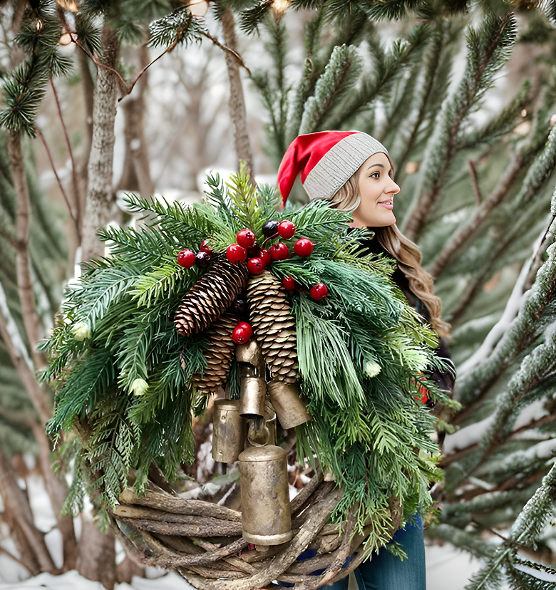 Boho Weihnachtskranz mit Glocken | Tür- & Wanddekoration | Handgefertigt