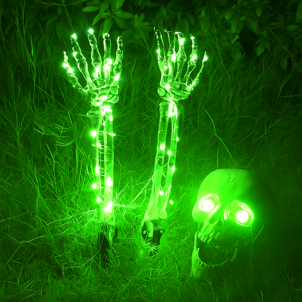 Halloween Deko mit LED-Licht | Schädel & Hände | Wetterfest | 8 Leuchtmodi | Batteriebetrieben