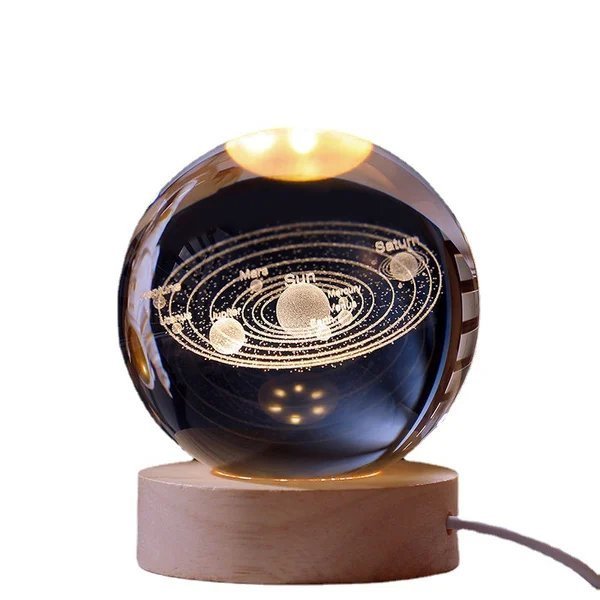 3D Kristallkugel Sonnensystem | Lasergravur | Optional mit LED-Lichtbasis & Geschenkbox