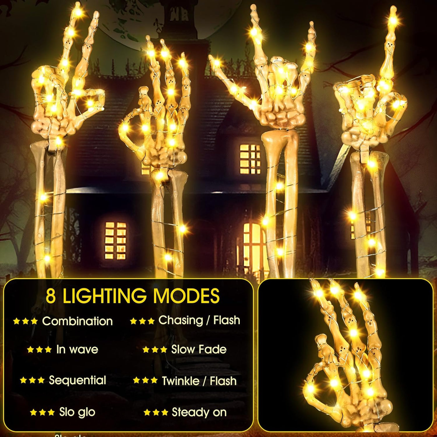 Halloween Deko mit LED-Licht | Schädel & Hände | Wetterfest | 8 Leuchtmodi | Batteriebetrieben