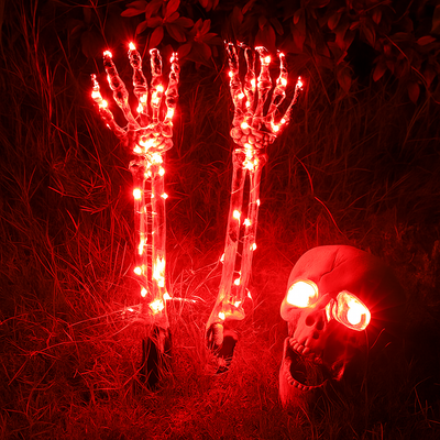 Halloween Deko mit LED-Licht | Schädel & Hände | Wetterfest | 8 Leuchtmodi | Batteriebetrieben