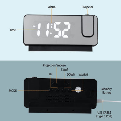 Projektionswecker | LED-Spiegeldisplay | 180° drehbare Projektion | Doppelalarm & Raumklimadisplay