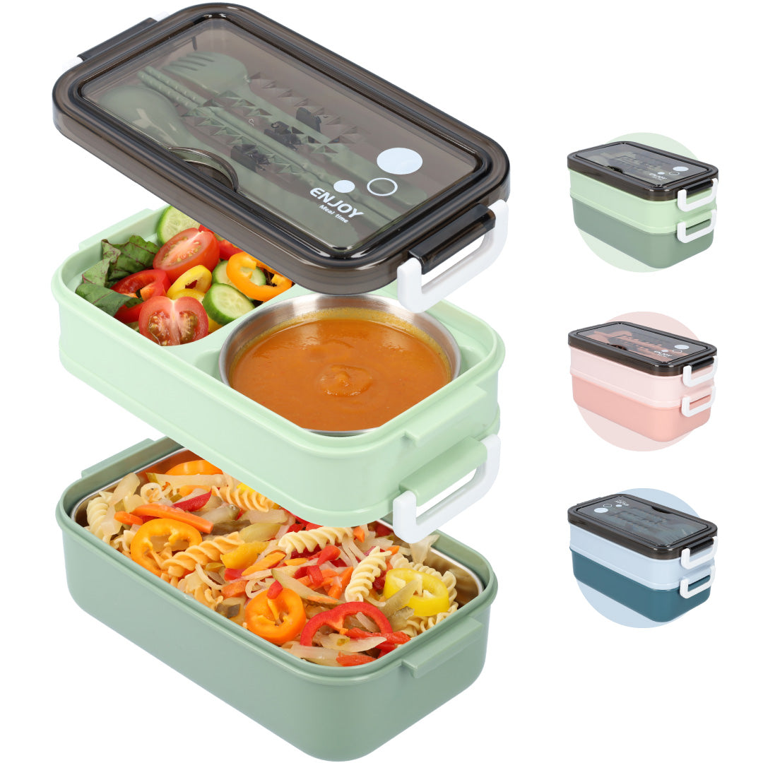 Lunchbox mit Suppenschale | Bento Box Grün | Auslaufsicher & BPA-frei | Mit Besteck & Fächern | Für Kinder & Erwachsene