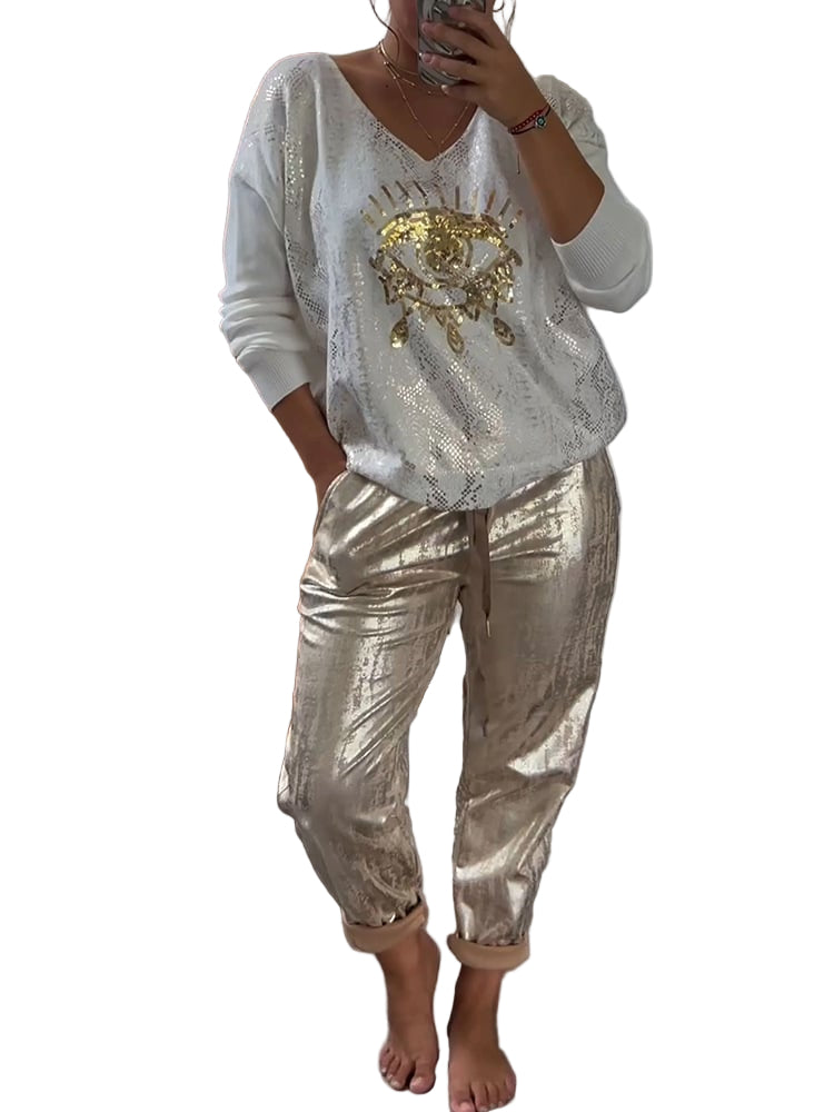 Damen Zweiteiler | Glitzernde Hose & Goldfolien-Oberteil | V-Ausschnitt & Langarm | Trend Frühling/Sommer