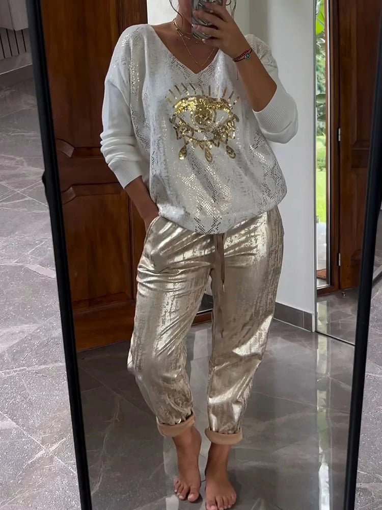 Damen Zweiteiler | Glitzernde Hose & Goldfolien-Oberteil | V-Ausschnitt & Langarm | Trend Frühling/Sommer