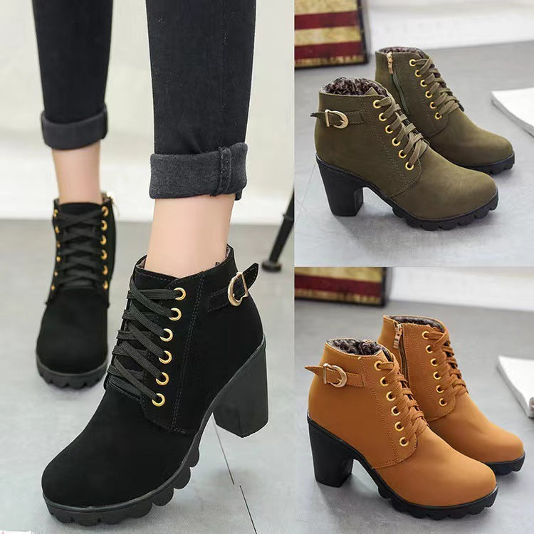 Damen Stiefeletten mit Blockabsatz | Warm Gefüttert | Rutschfeste Sohle | Goldene Details