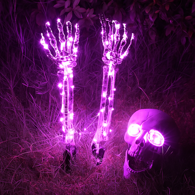Halloween Deko mit LED-Licht | Schädel & Hände | Wetterfest | 8 Leuchtmodi | Batteriebetrieben
