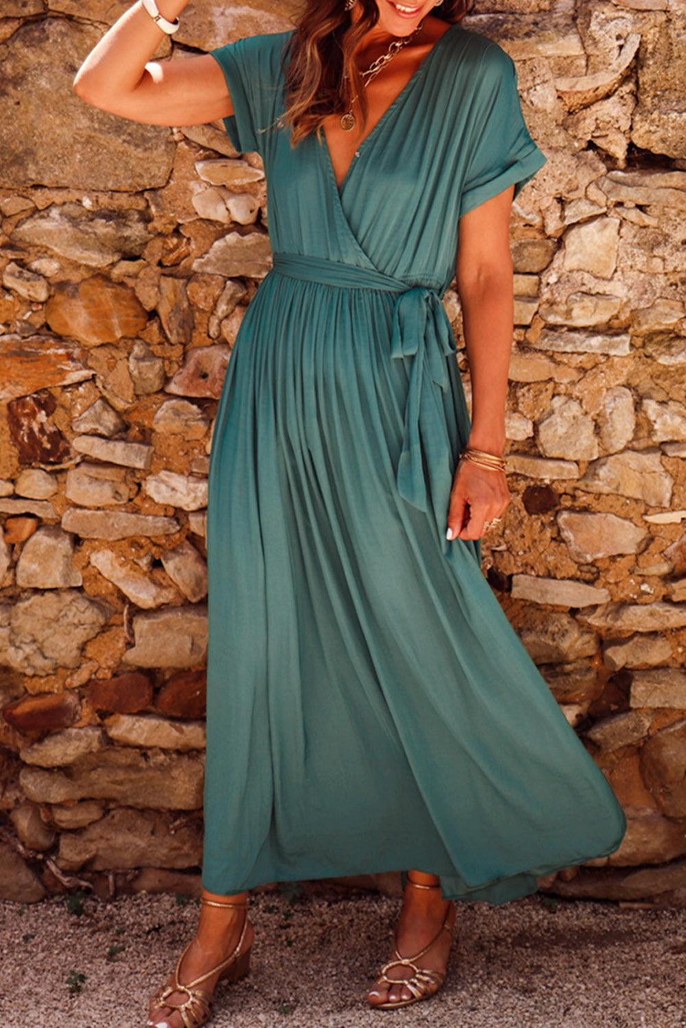 Damen Maxikleid mit Gürtel und V-Ausschnitt