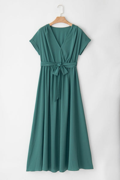 Damen Maxikleid mit Gürtel und V-Ausschnitt