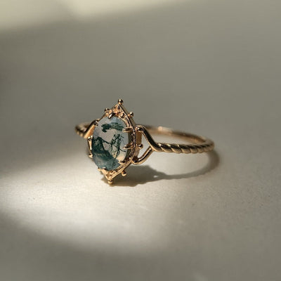Ring | 925 Sterling Silber vergoldet | Natürlicher Moosachat | Handgefertigter Verlobungsring
