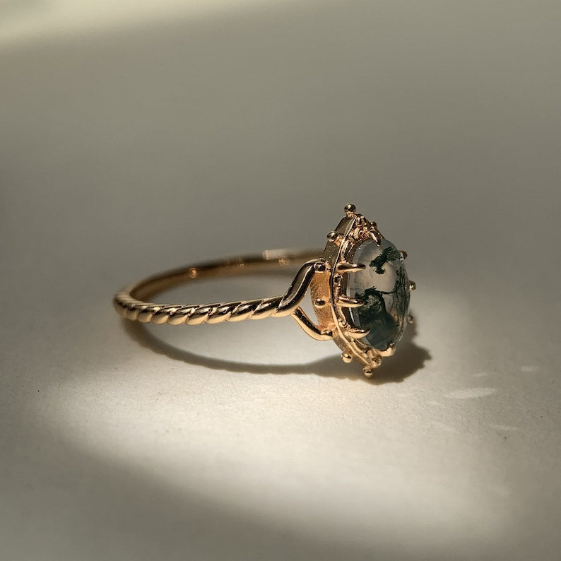 Ring | 925 Sterling Silber vergoldet | Natürlicher Moosachat | Handgefertigter Verlobungsring