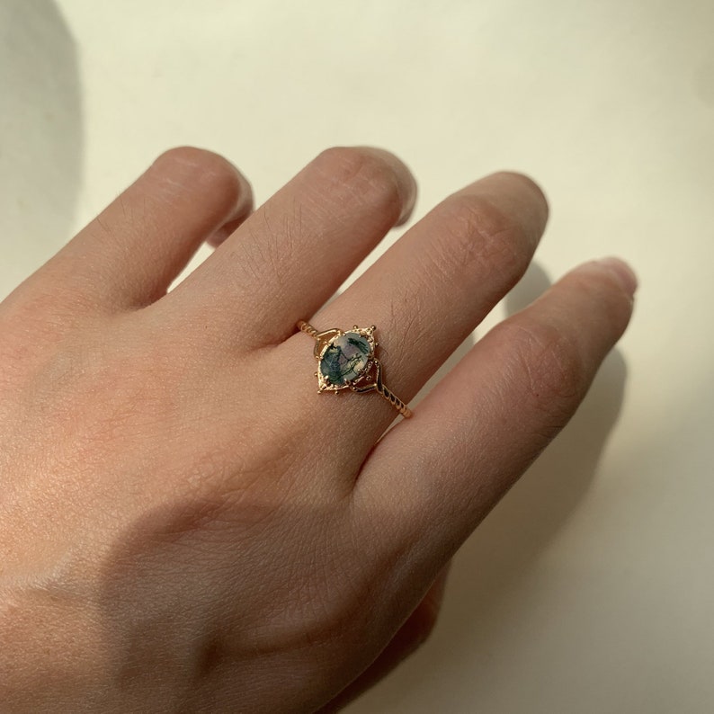 Ring | 925 Sterling Silber vergoldet | Natürlicher Moosachat | Handgefertigter Verlobungsring