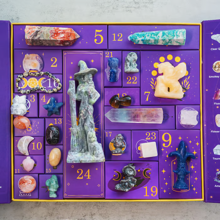 Halloween Kristall Countdown Box | 31 Nächte voller Magie & Energie | Adventskalender mit Heilsteinen & Dekofigur – Reiki Crystal Halloween Countdown Box