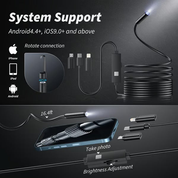 Tragbare Inspektionskamera | HD Endoskop mit LED Licht & 4-in-1 Zubehör | Wasserdicht & Flexibel | Für Smartphone