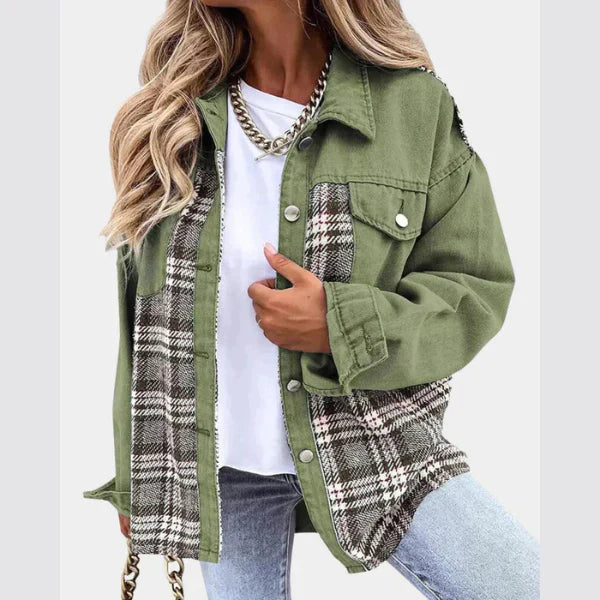 Naya | Damen Denim Jacke | Lässiger Schnitt | Karomuster & Umlegekragen